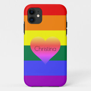 Capa Para iPhone 11 Rainbow Stripes Orgulho com Corações e Nome Person