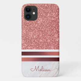 Capa Para iPhone 11 Rapariga Rosa Dourada Stripes Faux Glitter com Nom