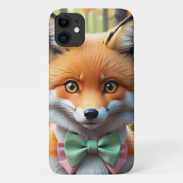 Capa Para iPhone 11 Raposa-branca com arco verde e rosa (Verso)