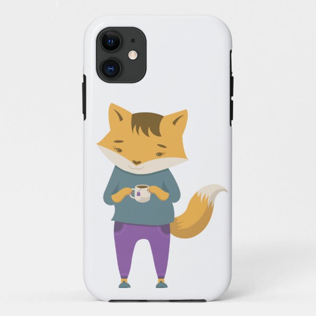 Capa Para iPhone 11 Raposa-branca com xícara de chá (Verso)