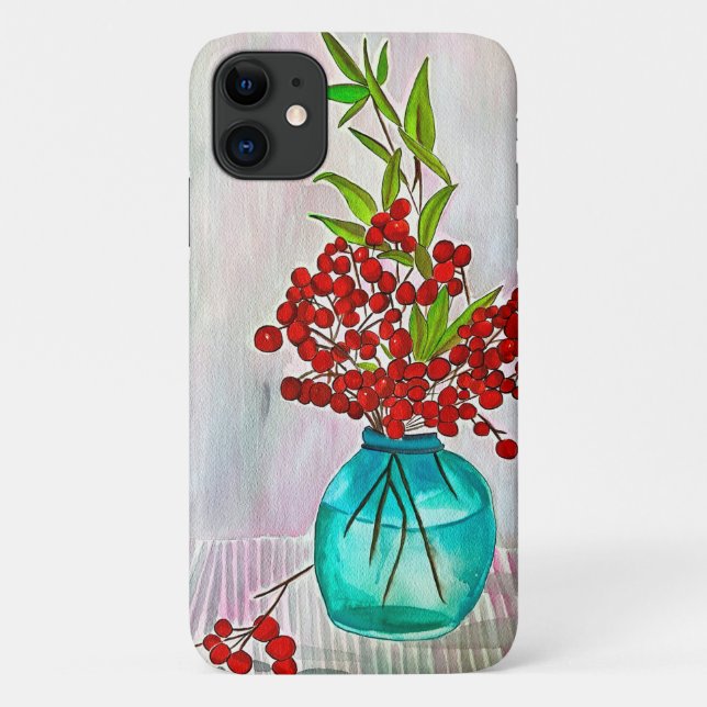 Capa Para iPhone 11 Red Christmas Berries aquarela arte (Verso)
