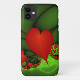 Capa Para iPhone 11 Red Hearts Verde limão Arte Fractal Moderna Abstra