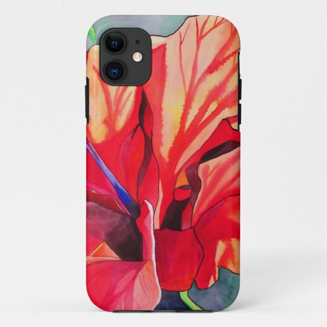 Capa Para iPhone 11 Red Hibiscus (flor tropical aquarela) (Verso)
