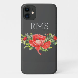 Capa Para iPhone 11 Red Poppy no Monograma Personalizável de Cinzas