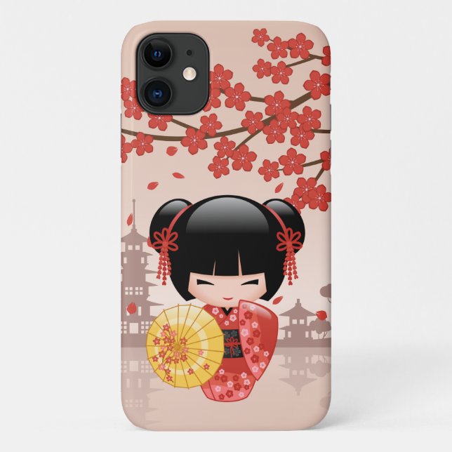 Capa Para iPhone 11 Red Sakura Kokeshi Doll - Geisha Japonês (Verso)