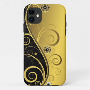 Capa Para iPhone 11 Redemoinho floral preto e Dourado retro elegante