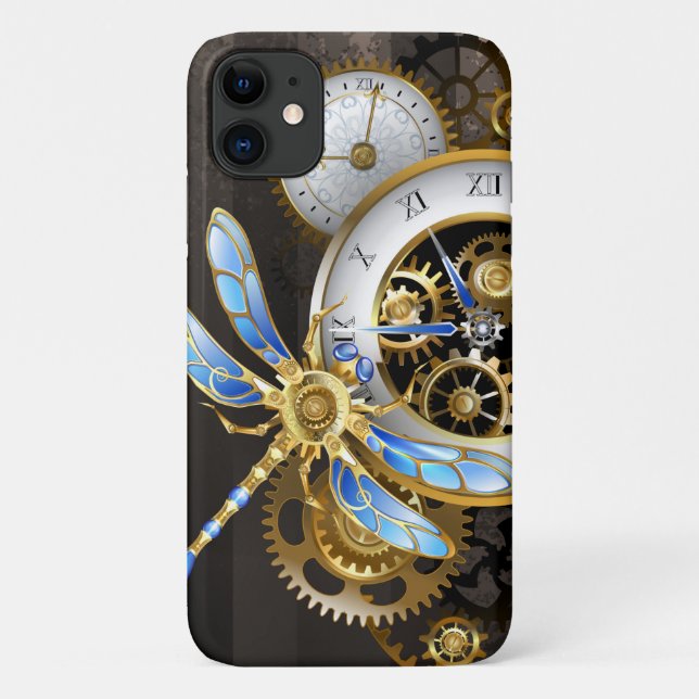 Capa Para iPhone 11 Relógio Steampunk com Dragonfly Mecânica (Verso)