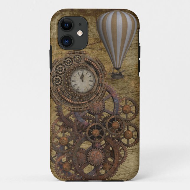 Capa Para iPhone 11 Relógio Steampunk e Balão de Ar Quente (Verso)