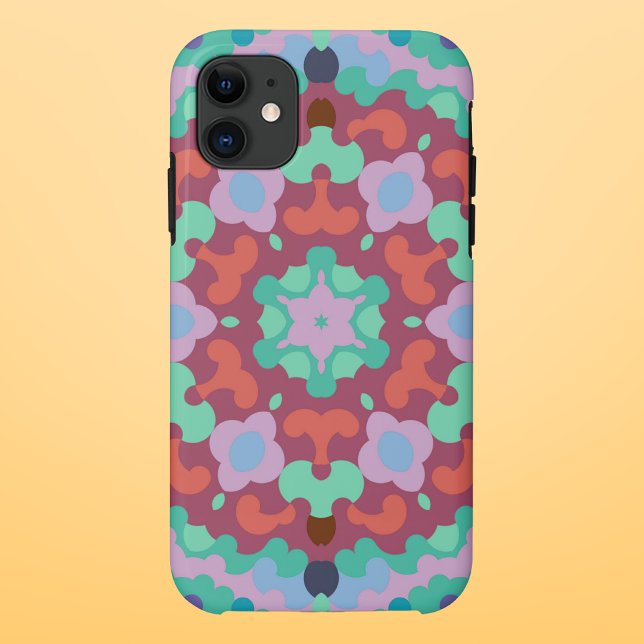 Capa Para iPhone 11 Retro Mandala Flor Azul Vermelho e Teto (Criador carregado)