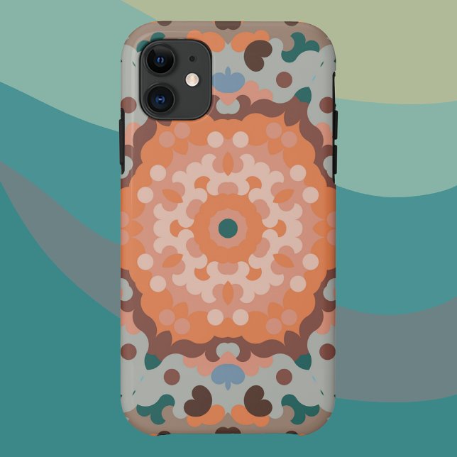 Capa Para iPhone 11 Retro Mandala Flor Laranja Azul e Castanho (Criador carregado)