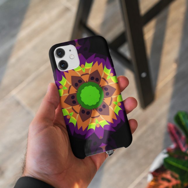 Capa Para iPhone 11 Retro Mandala Flor Verde Laranja e Roxo (Criador carregado)