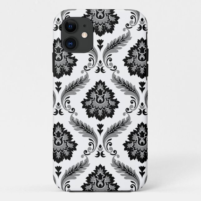 Capa Para iPhone 11 Rococo Damask Pattern Grey Black White (Verso)