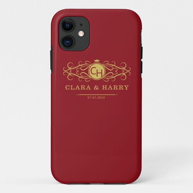 Capa Para iPhone 11 Romantic red gold elegant monogramme wedding  (Verso)