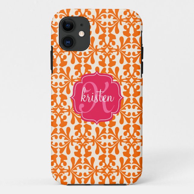Capa Para iPhone 11 Rosa alaranjado moderno do damasco do Arabesque (Verso)