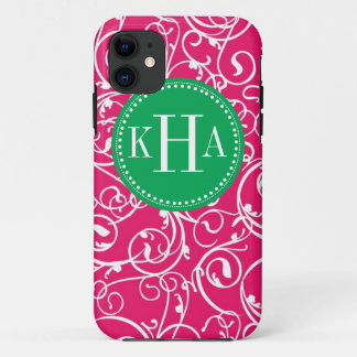 Capa Para iPhone 11 Rosa da baga & teste padrão verde do monograma do