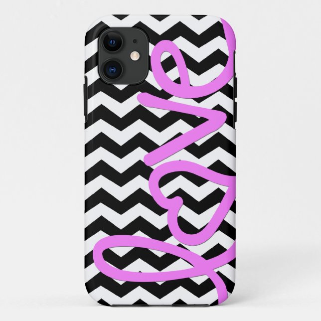 Capa Para iPhone 11 Rosa do amor em Chevron preto e branco (Verso)