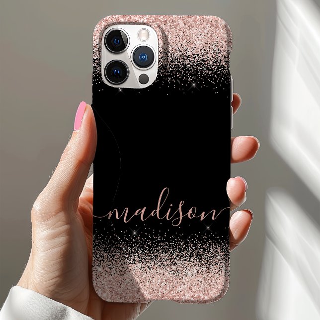 Capa Para iPhone 11 Rosa Dourada Glitter Confetti Preto Personalizado (Criador carregado)