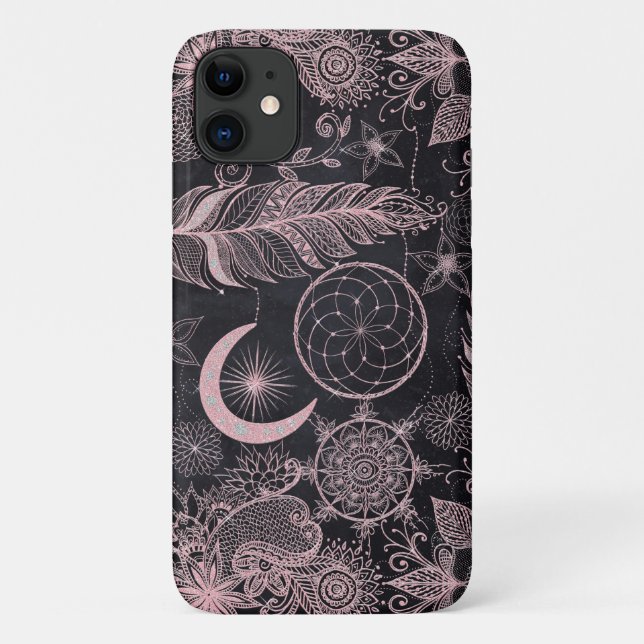 Capa Para iPhone 11 Rosa Dourada Glitter Dreamcatcher Feather Mandala (Verso)