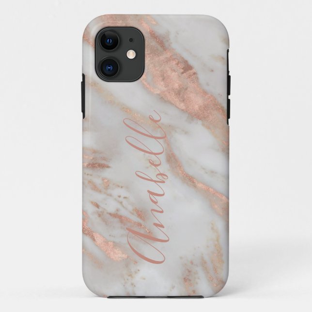 Capa Para iPhone 11 Rosa dourado brilhante feminino script de nome ele (Verso)