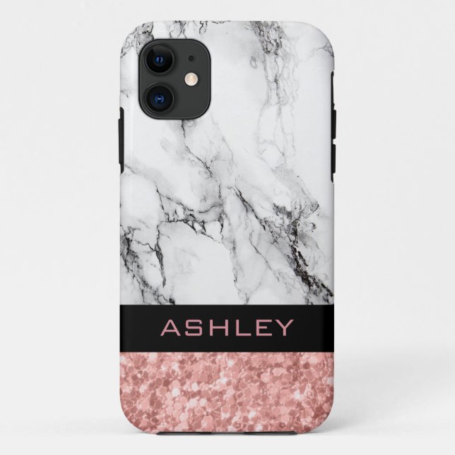 Capa Para iPhone 11 Rosa Dourado Brilhante Monograma E Mármaco Branco (Verso)