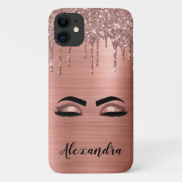 Capa Para iPhone 11 Rosa Dourado Glitter Sparkle Eyelashes Monograma