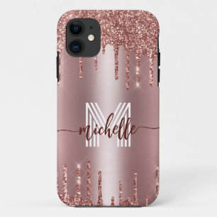 Capa Para iPhone 11 Rosa Dourado, monograma, brilho cor-de-rosa com pi