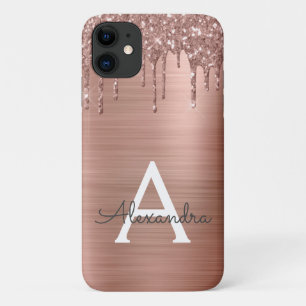 Capa Para iPhone 11 Rosa Dourado - Nome do Monograma do Metal com Lant