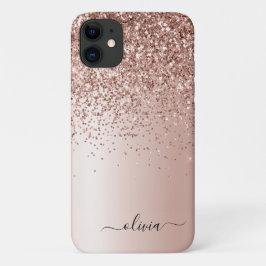 Capa Para iPhone 11 Rosa Dourado - Nome do Monograma do Metal com Lant