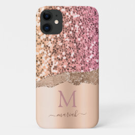 Capa Para iPhone 11 Rosa Dourado Rose Feminino Brilho Falso Monograma 