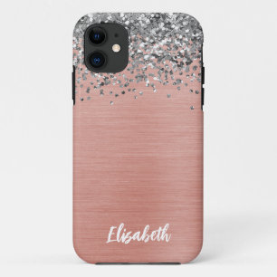 Capa Para iPhone 11 Rosa Dourado Silver Glitter Girly Monographic Name