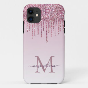 Capa Para iPhone 11 Rosa Glitter Drives Monograma Personalizado E Nome