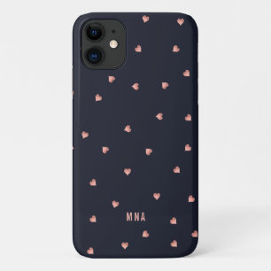 Capa Para iPhone 11 Rosa Gold Foil Hearts Padrão Marinho Monograma Azu