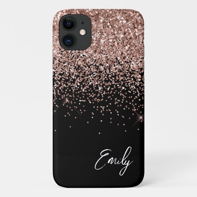 Capa Para iPhone 11 Rosa Rosa Rosa Dourada, Rosa Negra Negra, Monogram (Verso)