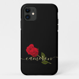 Capa Para iPhone 11 Rosa vermelha A Preto E Monograma Dourado