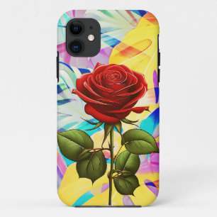 CAPA PARA iPhone 11 ROSA VERMELHA COM FUNDO GEOMÉTRICO MODERNO DA NATU