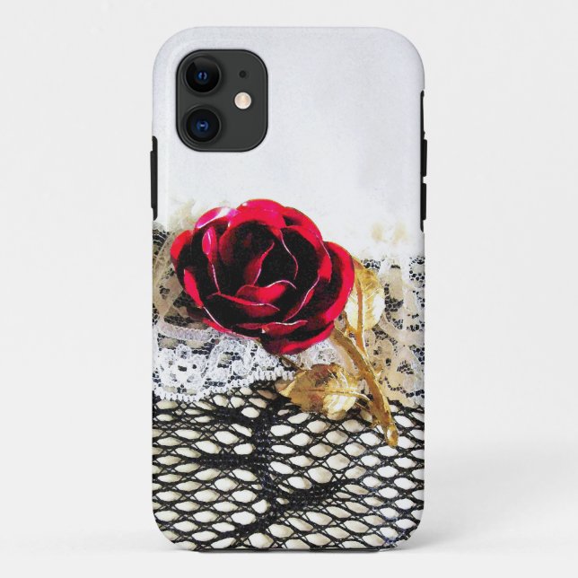 Capa Para iPhone 11 Rosa vermelha romântica e rendas brancas (Verso)