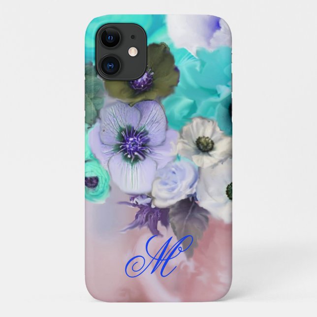 CAPA PARA iPhone 11 ROSAS AZUIS TEAIS E ANEMONSTRAÇÕES BRANCAS MONOGRA (Verso)