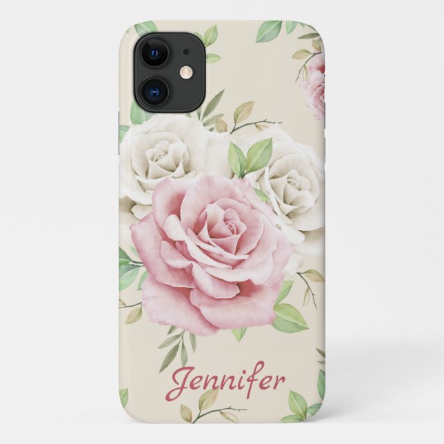 Capa Para iPhone 11 Rosas Brancas Brancas Cinzentas Verde Folha Floral (Verso)