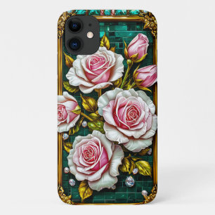 Capa Para iPhone 11 Rosas Cor-de-Rosa Elegantes em Ouro Luxuoso