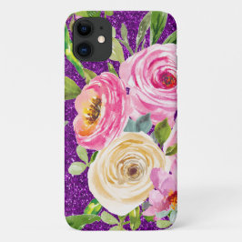 Capa Para iPhone 11 Rosas de aquarela, cor-de-rosa e creme, com brilho