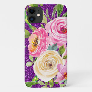 Capa Para iPhone 11 Rosas de aquarela, cor-de-rosa e creme, com brilho