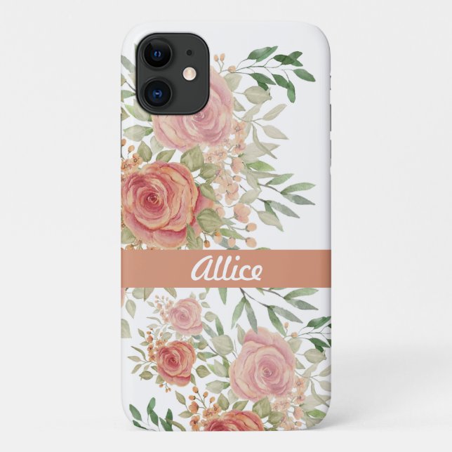 Capa Para iPhone 11 Rosas de Aquarela Personalizados Boho Chic (Verso)