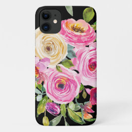 Capa Para iPhone 11 Rosas de aquarelas a rosa e creme a preto