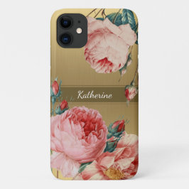 Capa Para iPhone 11 Rosas de vindima em Dourado com o Nome Monograma