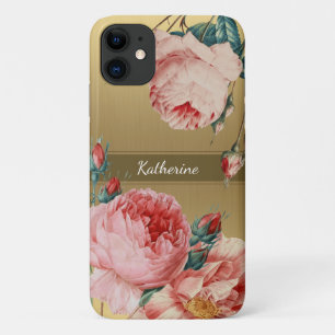 Capa Para iPhone 11 Rosas de vindima em Dourado com o Nome Monograma