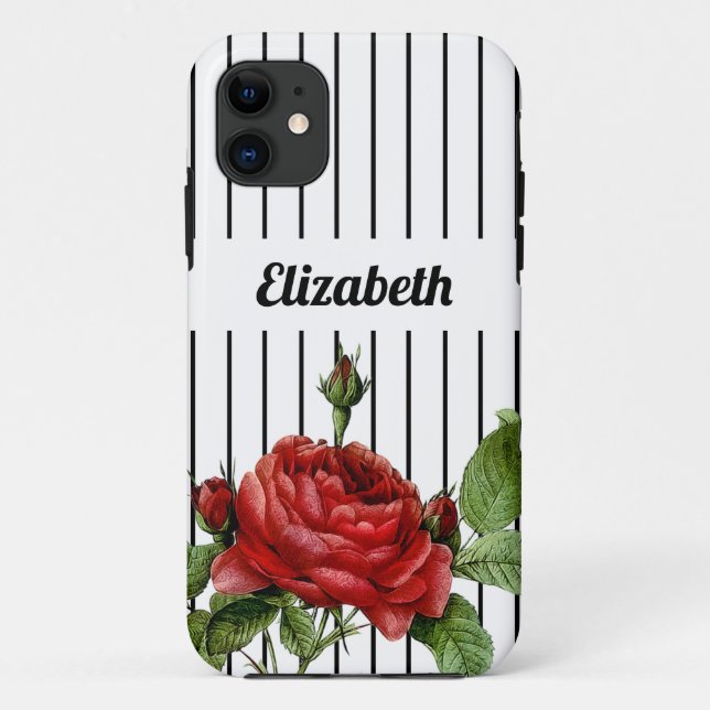 Capa Para iPhone 11 Rosas e nome de Pinstripe preto e branco Elegante (Verso)