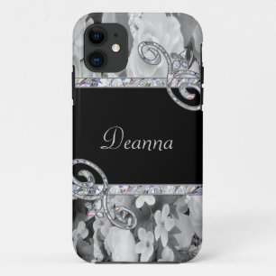 Capa Para iPhone 11 Rosas pretos & brancos & monograma dos redemoinhos