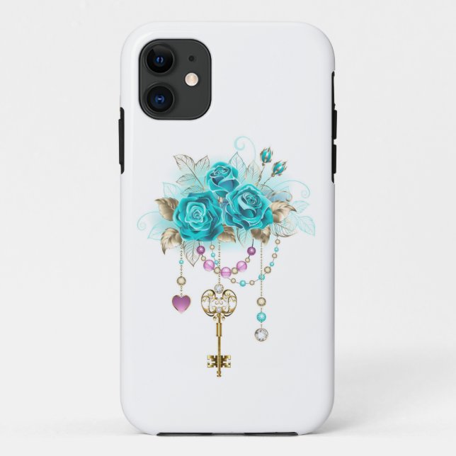 Capa Para iPhone 11 Rosas Turquesas com Chaves (Verso)