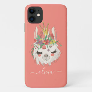 Capa Para iPhone 11 Rosto de Lhama Fofo com Nome Personalizado Floral