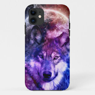 Capa Para iPhone 11 Rosto de Lobo Galáxico Místico com Lua Cheia